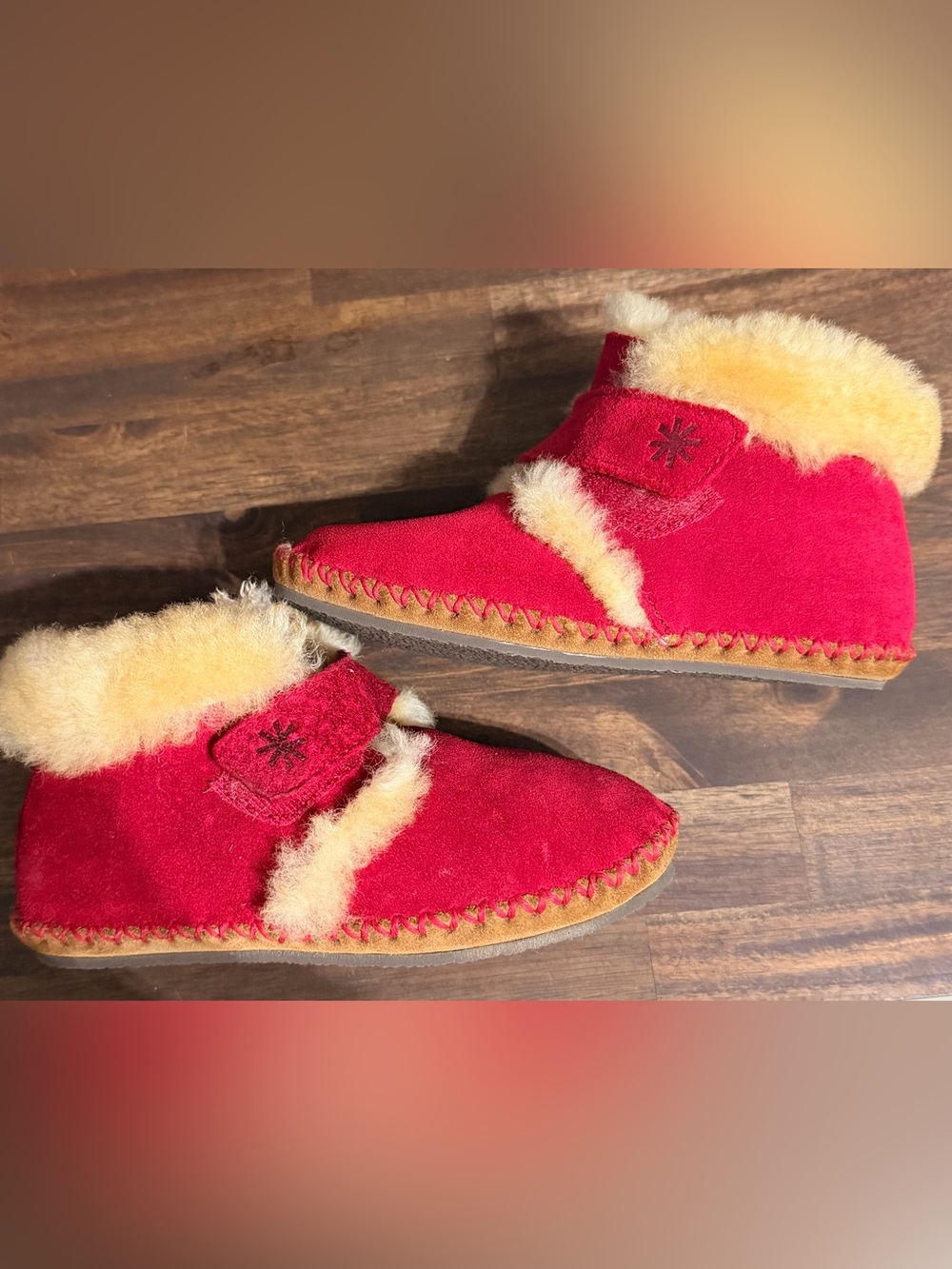 L.L. Bean Kids Red Moccasin Slippers with Lamb Wool Lining